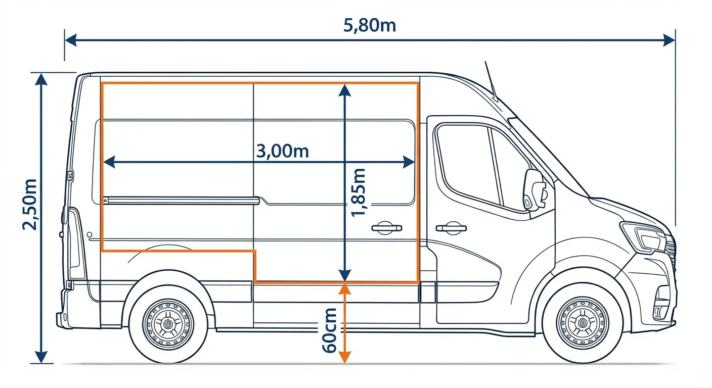 Schéma technique en vue de côté d'un fourgon utilitaire 10m³ avec annotations des dimensions principales