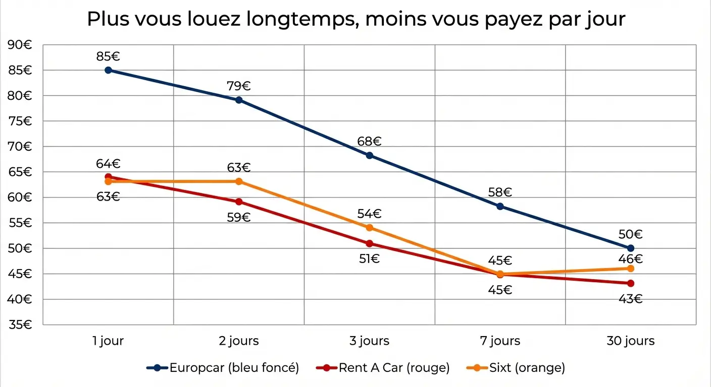 Graphique montrant la baisse du prix journalier d'un utilitaire 10m³ selon la durée de location