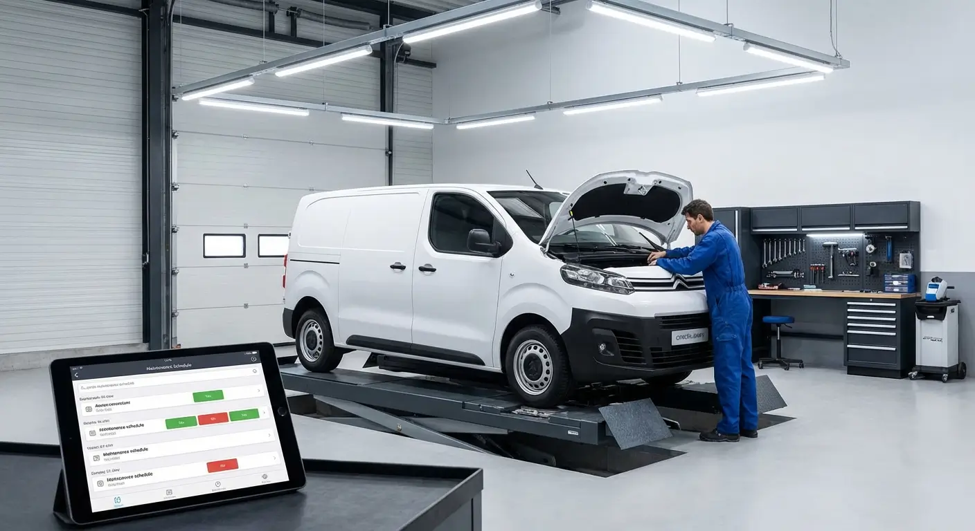 Utilitaire en entretien dans un garage professionnel