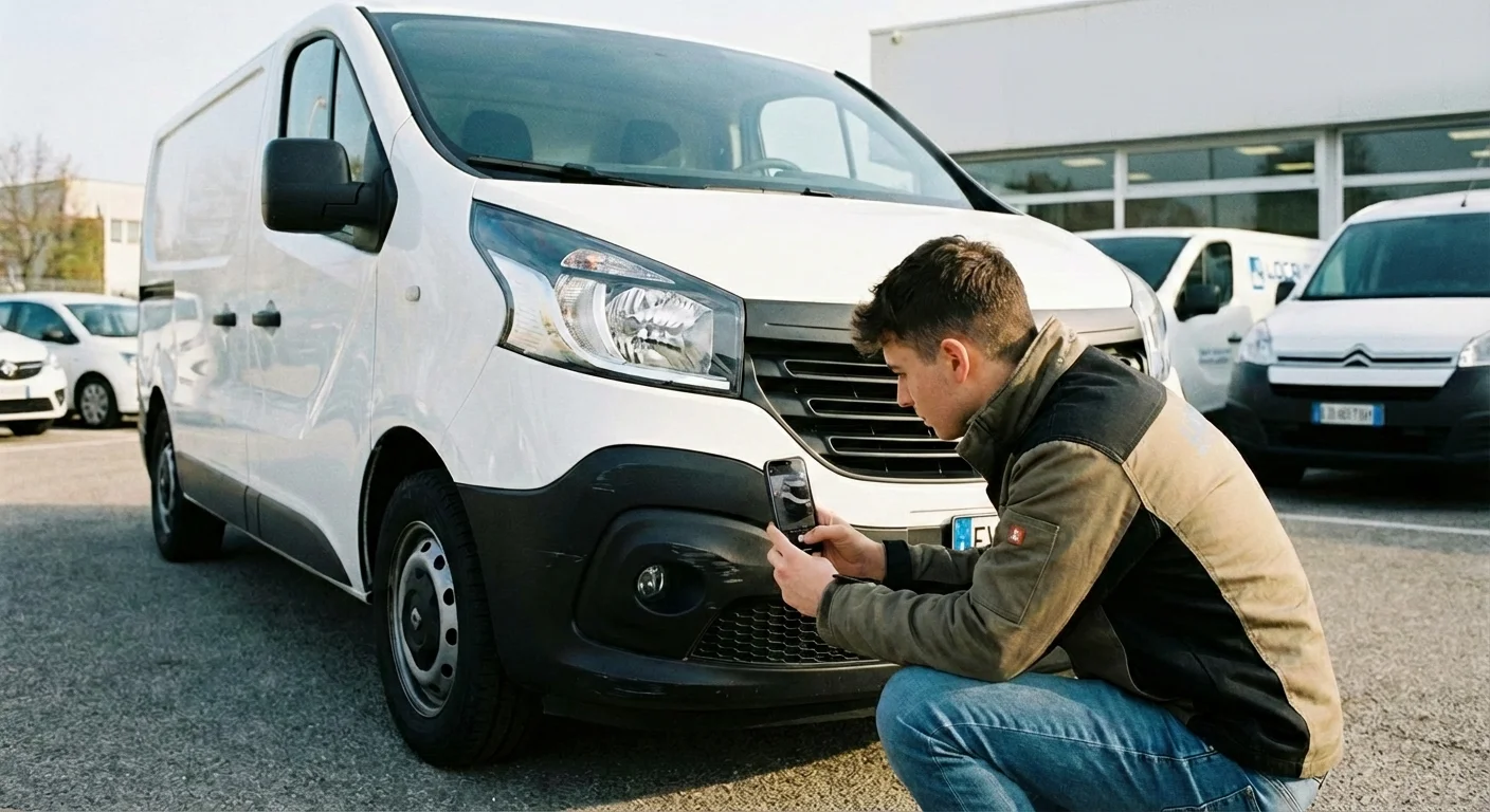 Conducteur effectuant l'état des lieux d'un utilitaire avec photos avant le départ