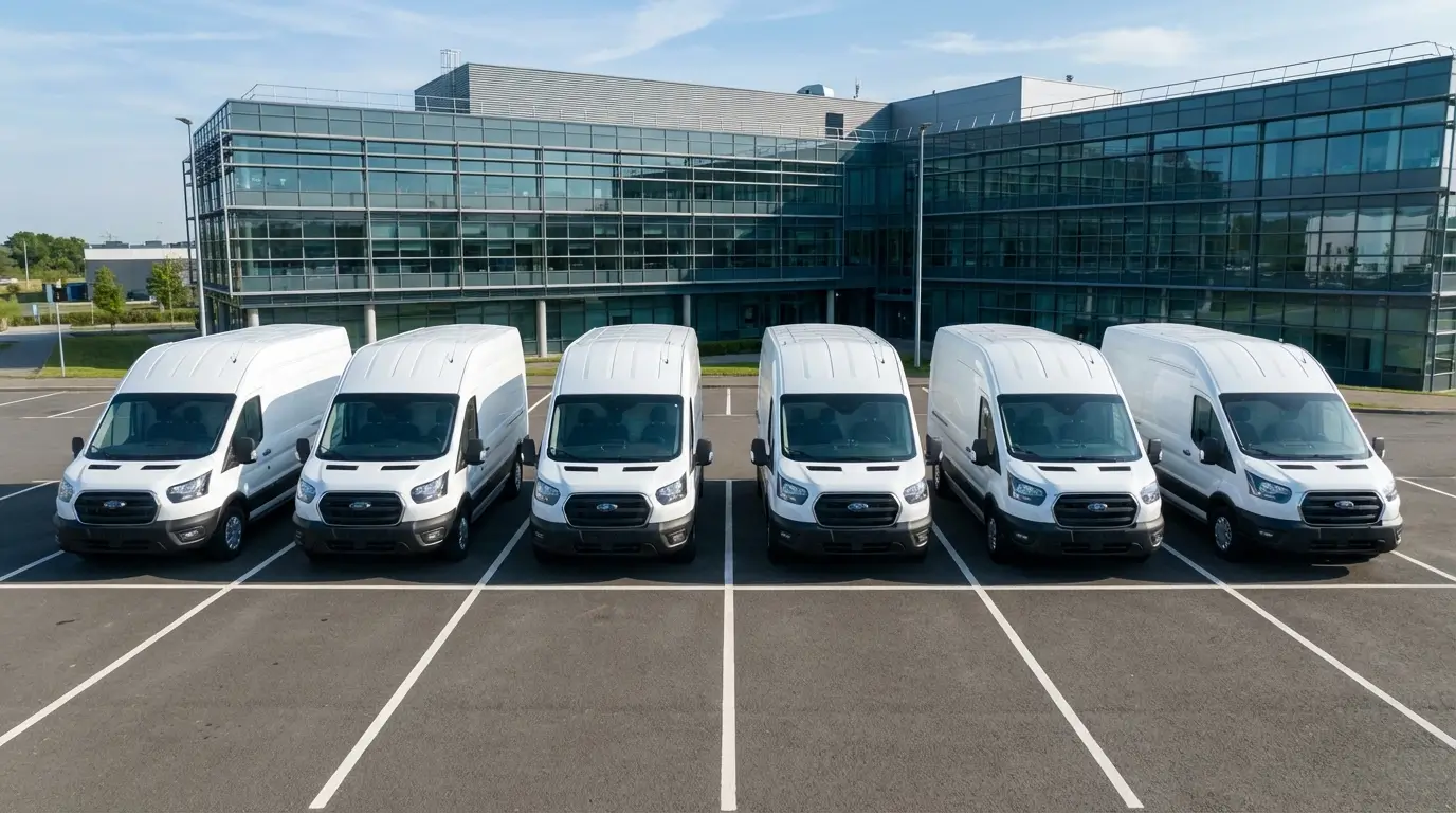 Vue en hauteur d'une flotte de camionnettes blanches alignées sur parking d'entreprise