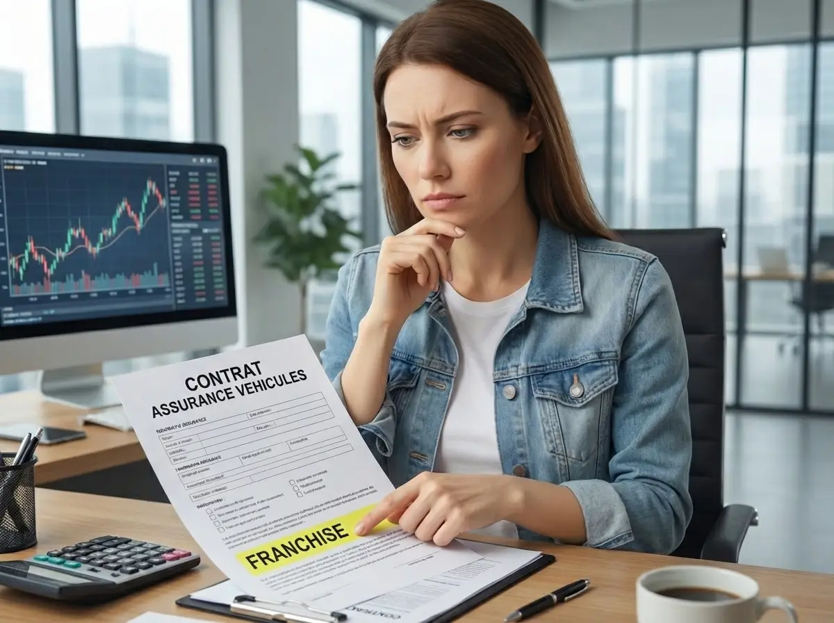 Femme examinant un contrat d’assurance véhicule et pointant la section franchise avec un air préoccupé