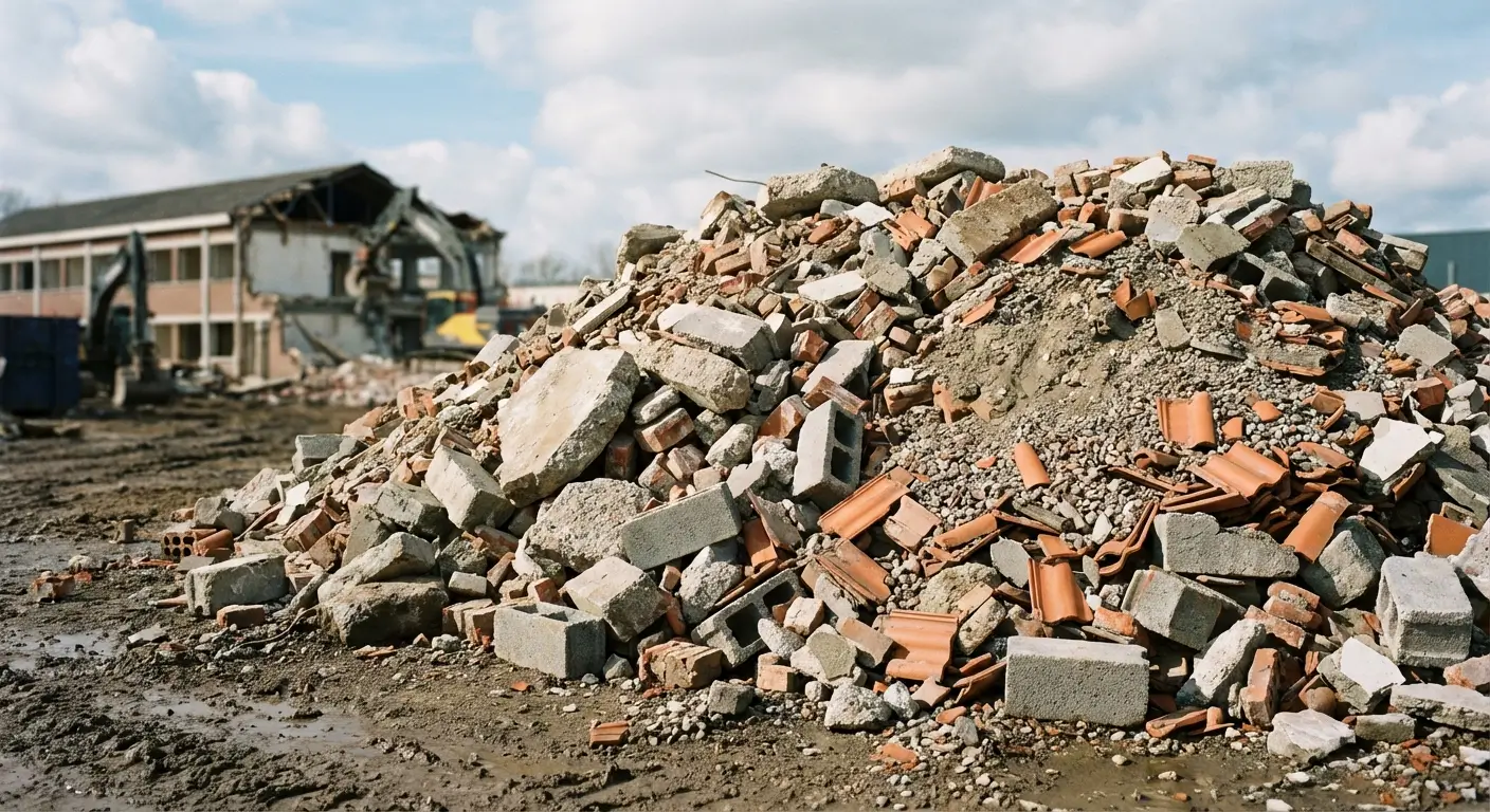 Gravats de démolition sur chantier avec béton, briques et parpaings