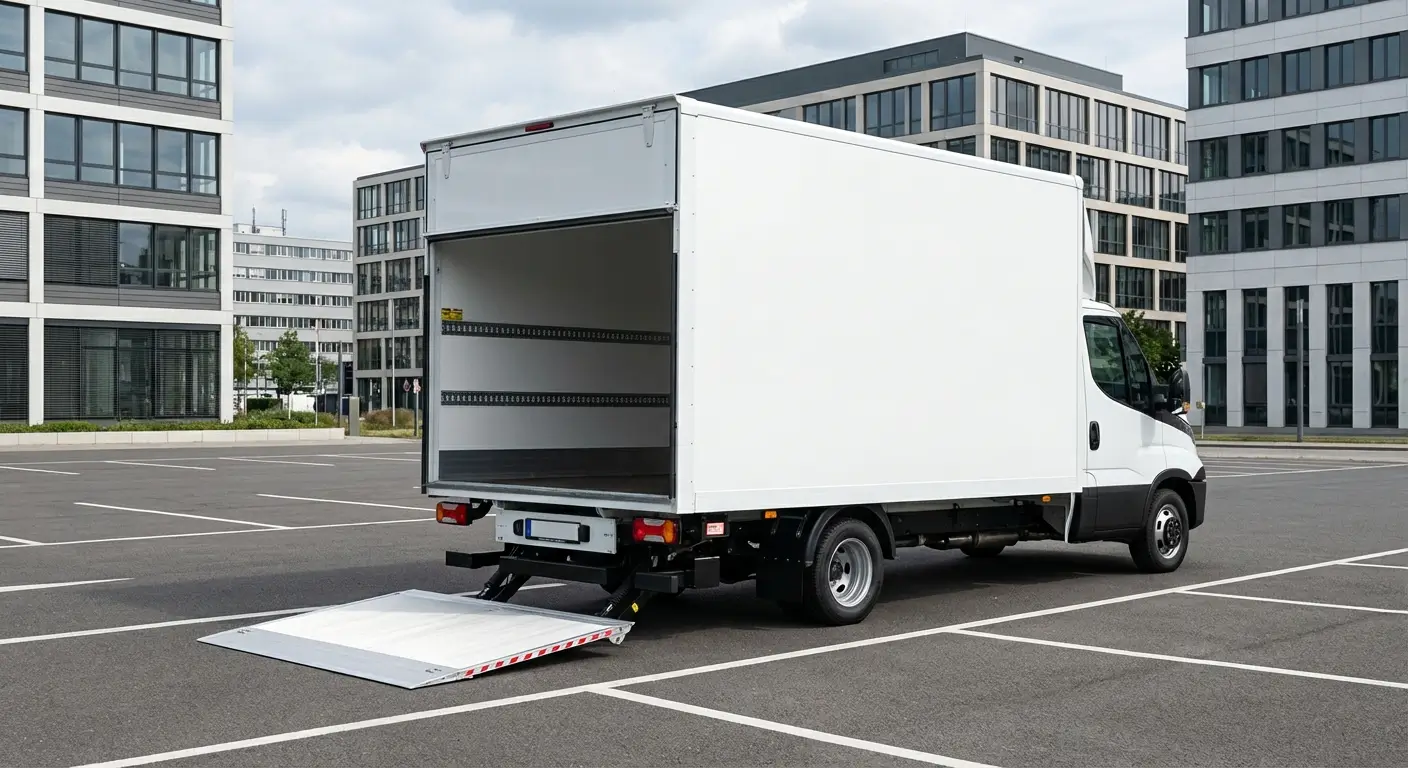 Camion utilitaire avec hayon positionné sur surface plane pour chargement sécurisé
