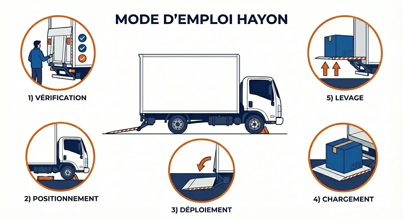 Schéma des étapes d'utilisation d'un hayon élévateur sur camion utilitaire