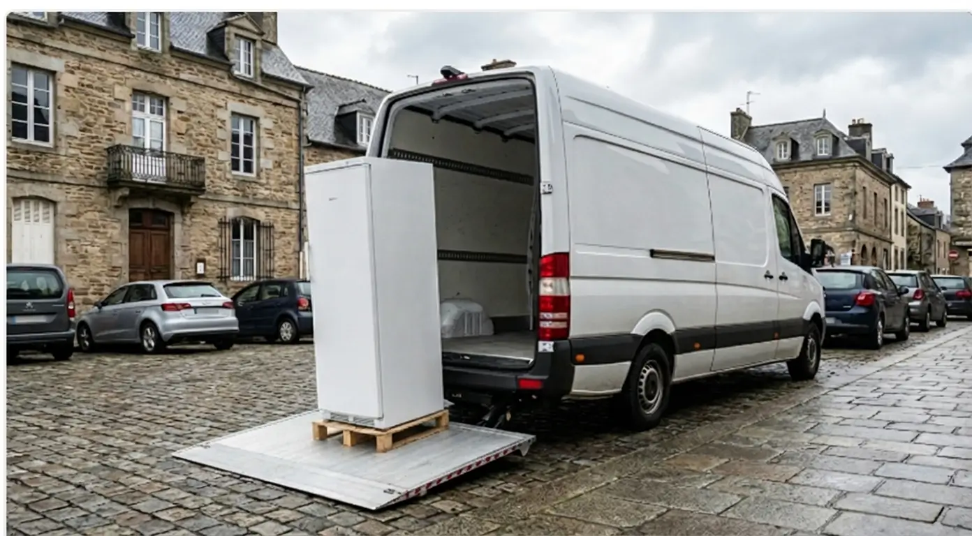 Hayon élévateur hydraulique déployé à l'arrière d'un utilitaire