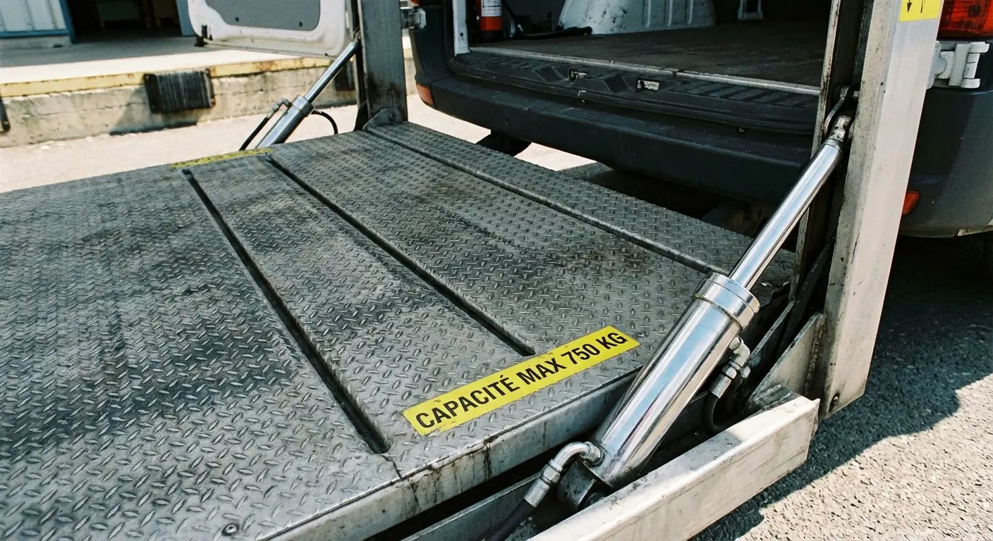 Plateforme d'un hayon hydraulique déployée à l'arrière d'un utilitaire