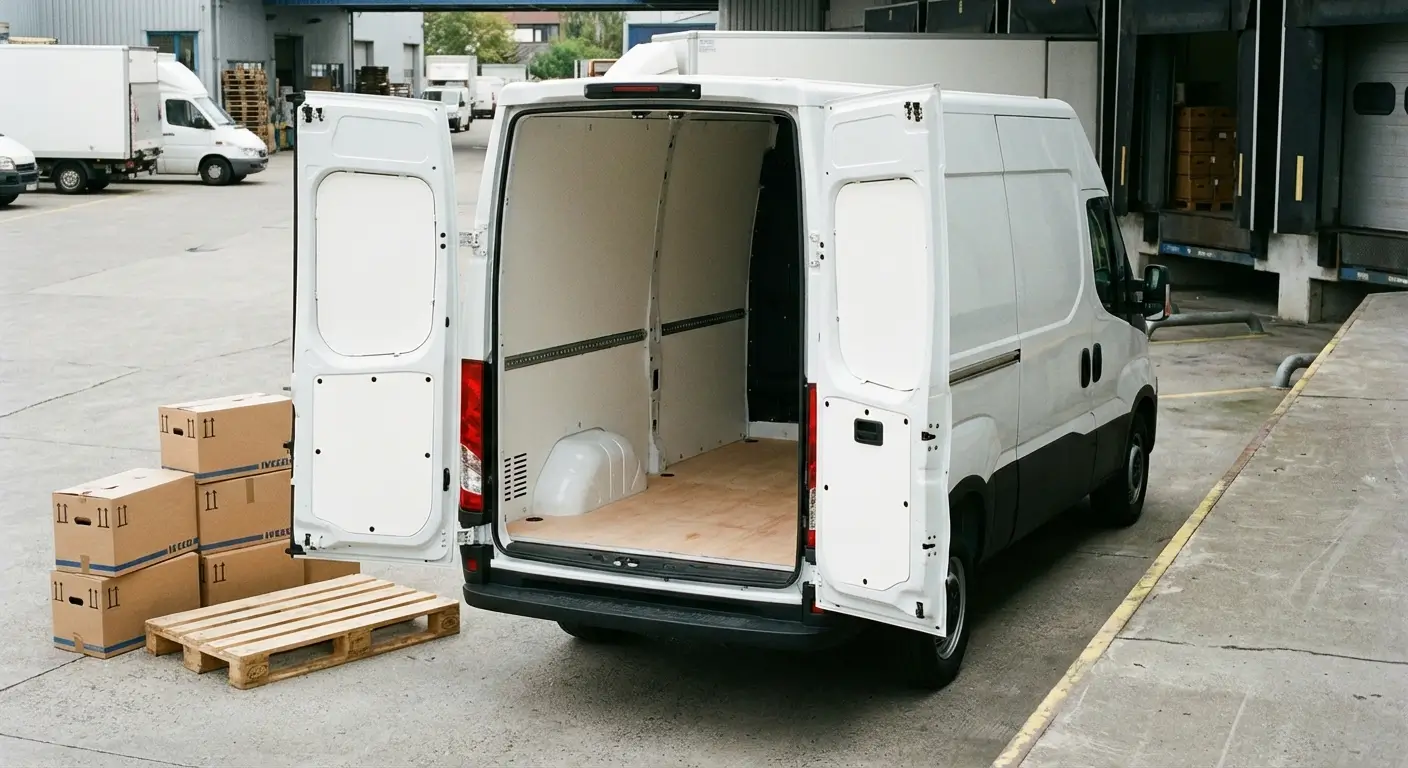 Iveco Daily 10m³ en cours de chargement avec hayon ouvert