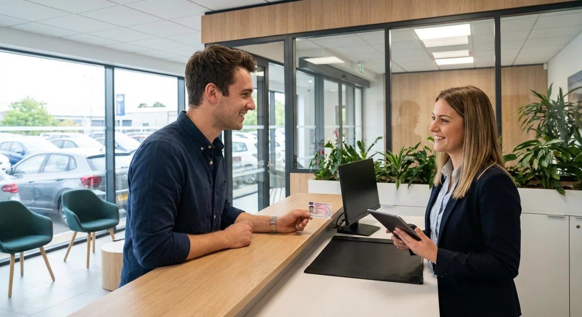 Jeune conducteur présentant son permis de conduire à l'agent de location d'utilitaire