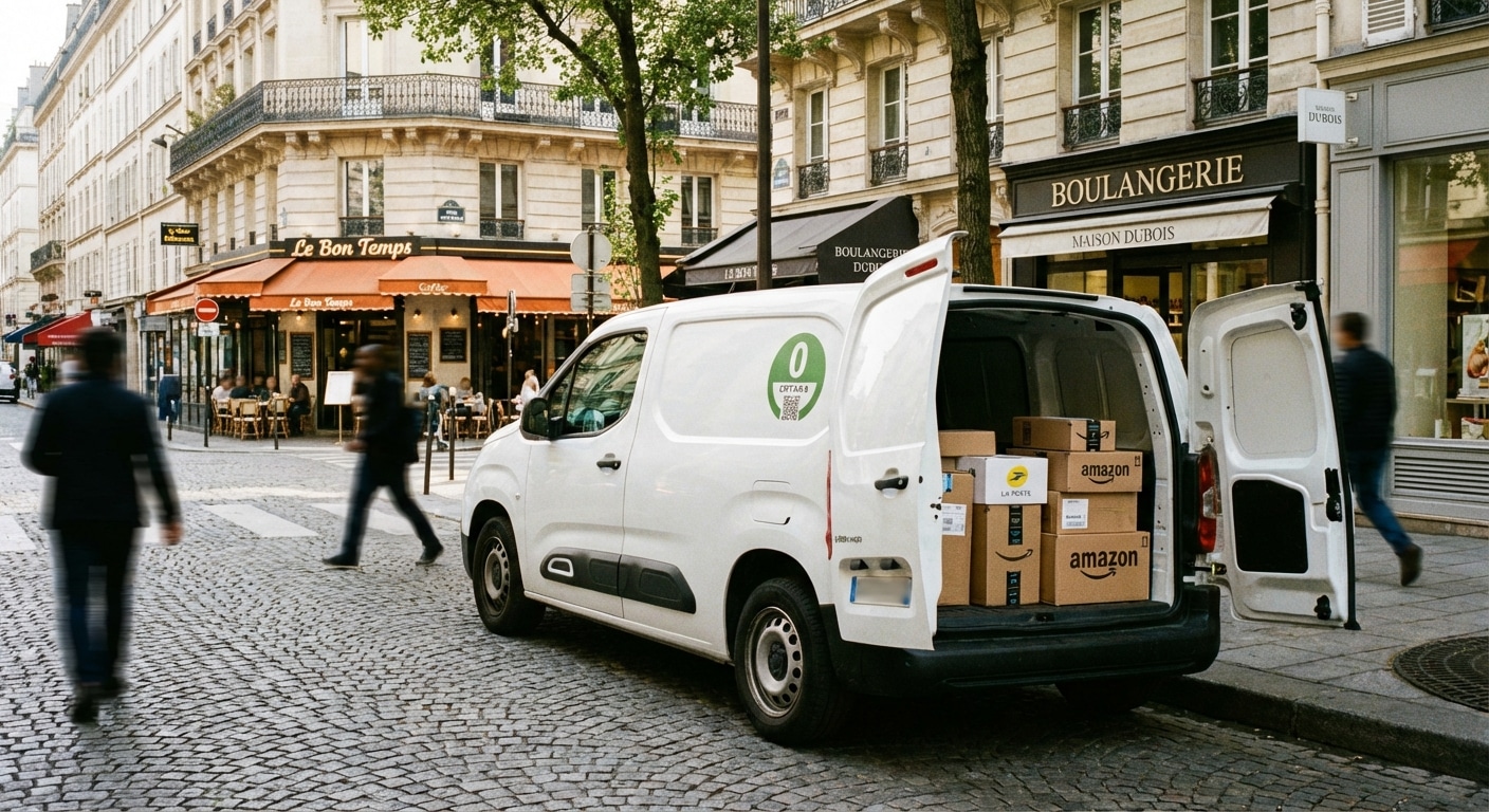 Utilitaire électrique en livraison dans une rue commerçante