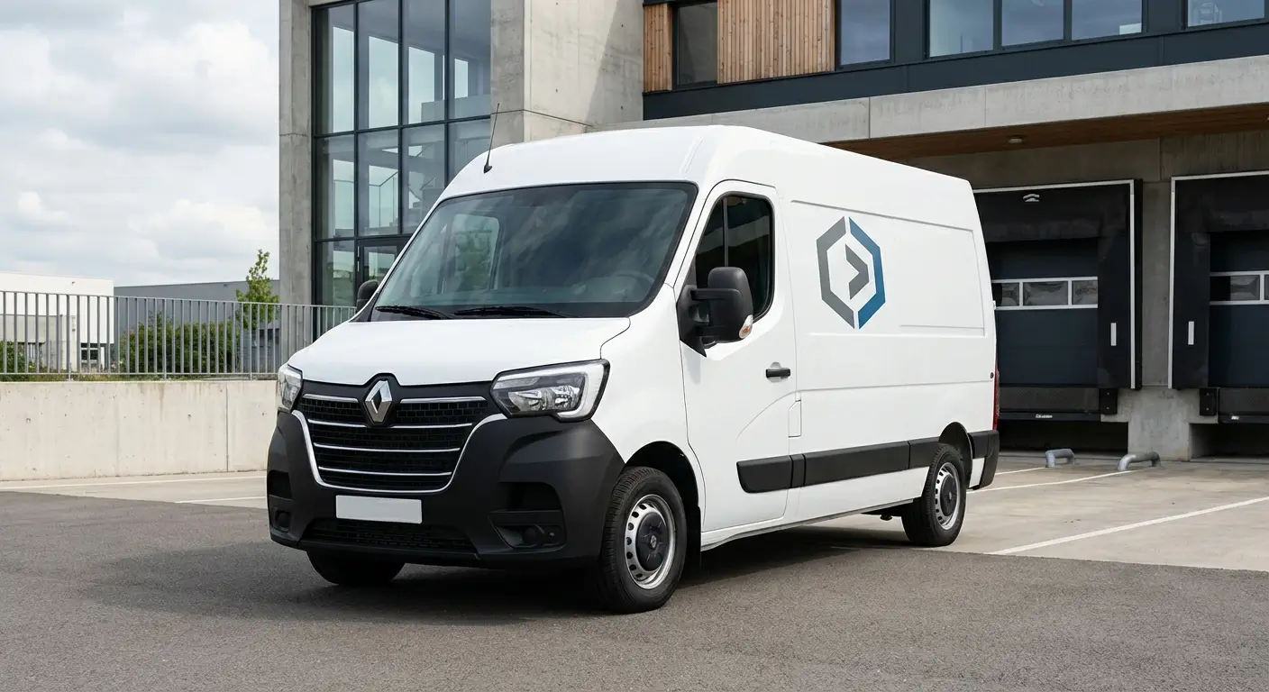 Camionnette blanche avec logo entreprise garée devant locaux professionnels