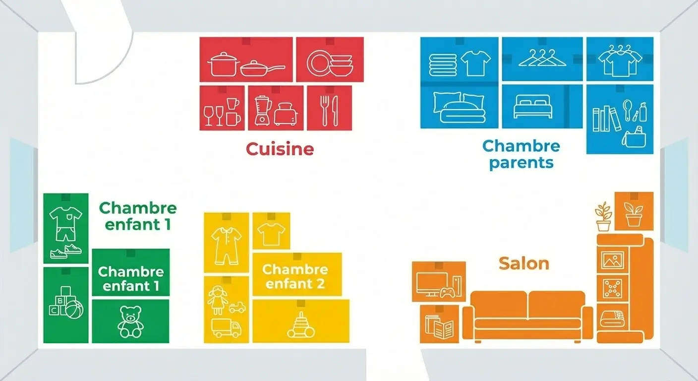 Organisation des cartons par pièce pour un déménagement de T4