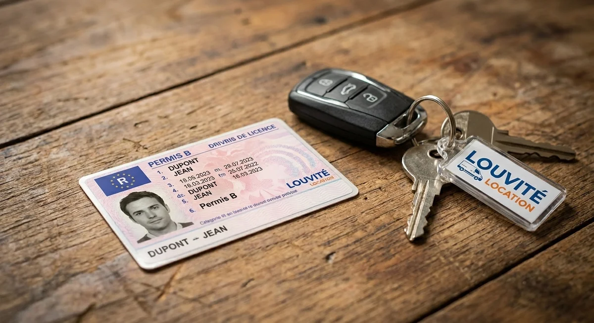 Permis de conduire B français et clés de fourgon de location blanc