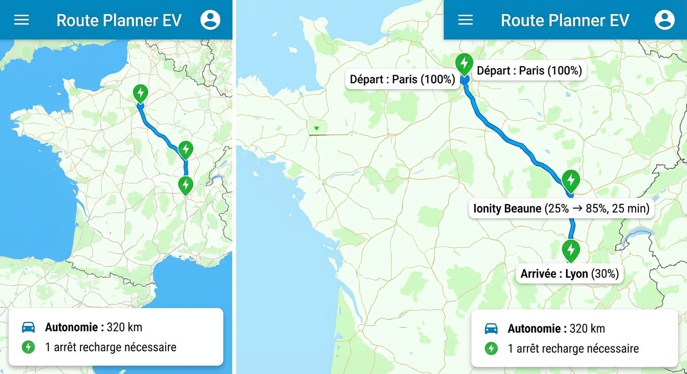 Carte d'itinéraire avec bornes de recharge identifiées