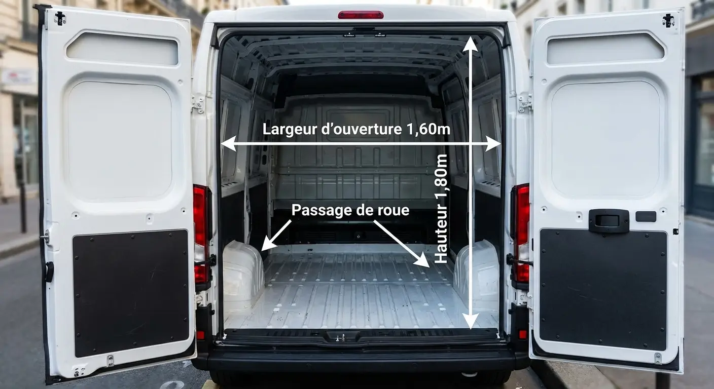 arrière d'un fourgon utilitaire 10m³ blanc avec portes arrière battantes grandes ouvertes