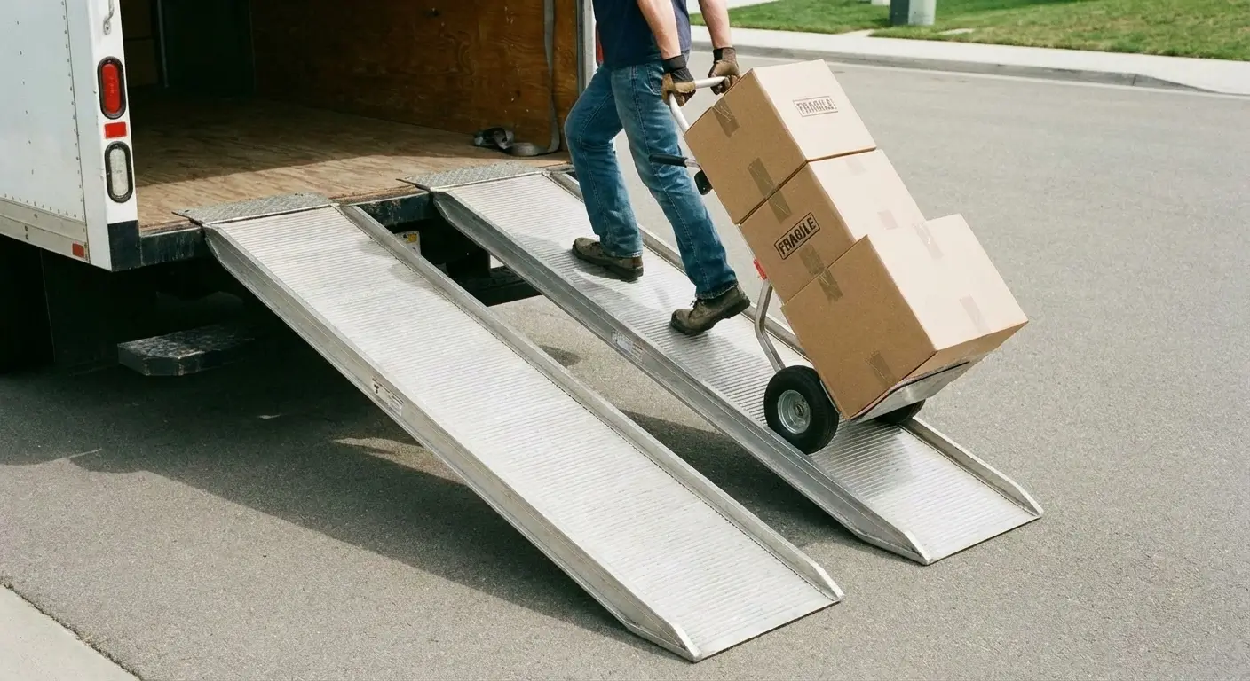 Diable avec cartons montant une rampe de chargement métallique