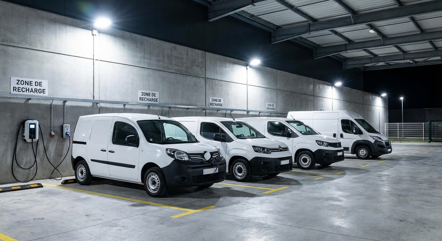 Utilitaires électriques en recharge dans un dépôt de livraison