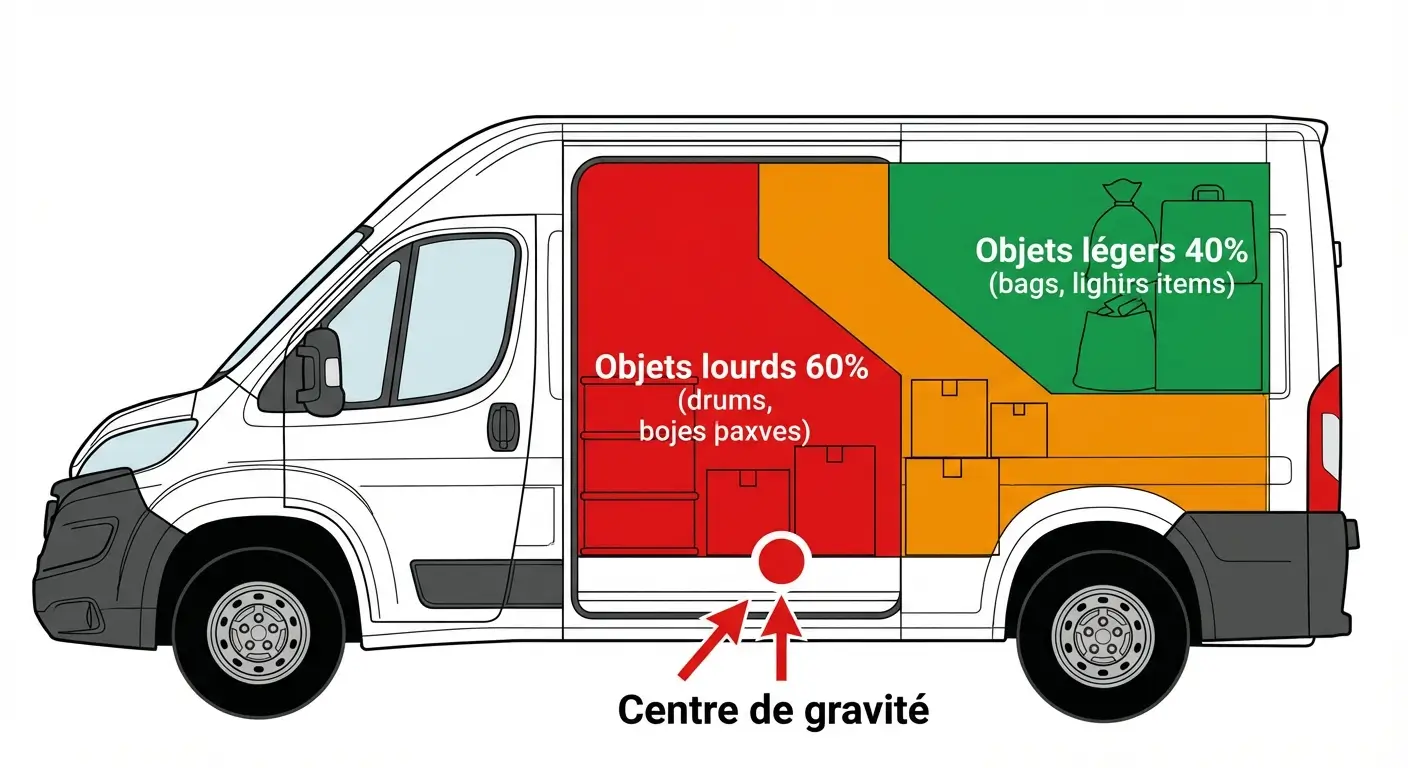 Schéma montrant la répartition correcte du poids dans un utilitaire