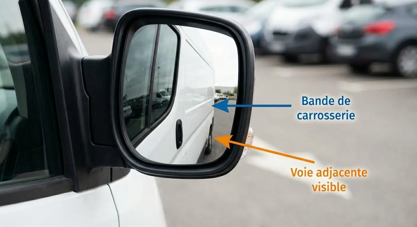 Rétroviseur extérieur grand angle d'une fourgonnette 6m³ correctement réglé