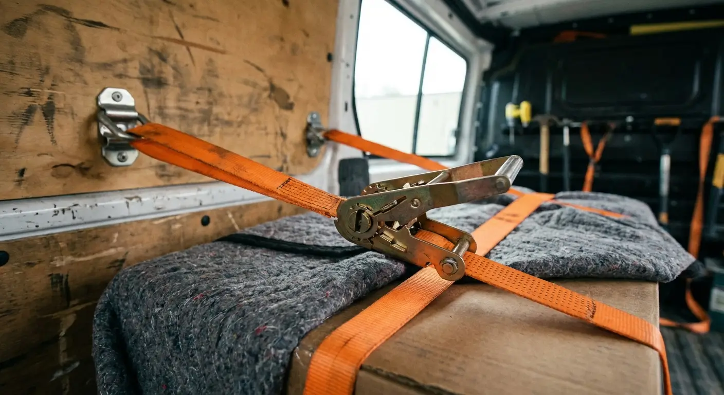 Sangles à cliquet attachées aux points d'ancrage d'un utilitaire