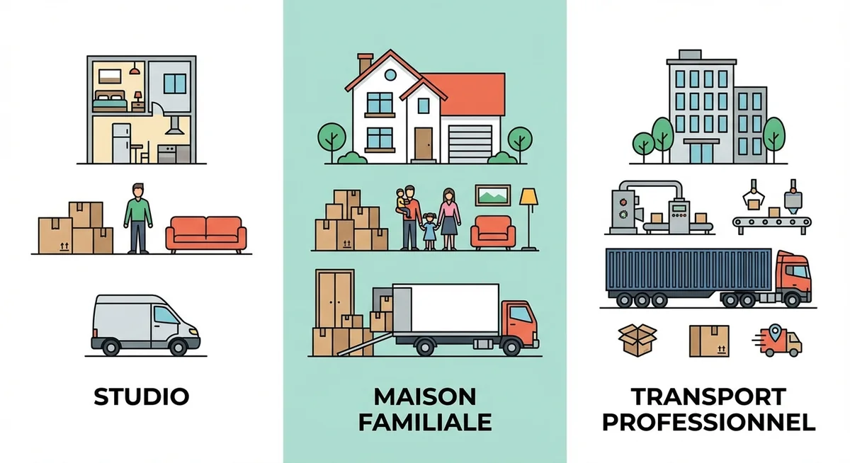 Différents scénarios de déménagement : studio, appartement et maison avec utilitaires adaptés