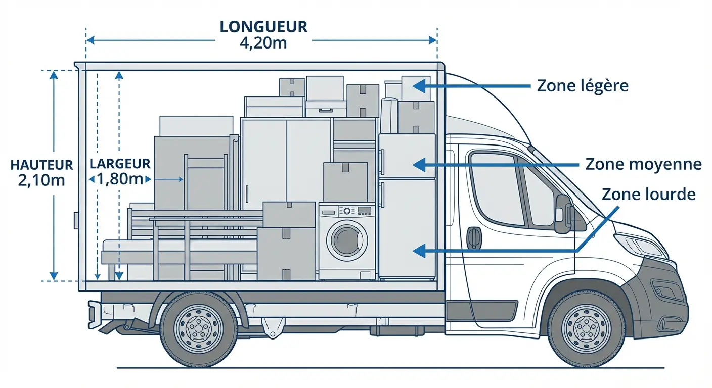 Schéma technique en vue de profil d'un utilitaire 20m³ avec les dimensions intérieures indiquées