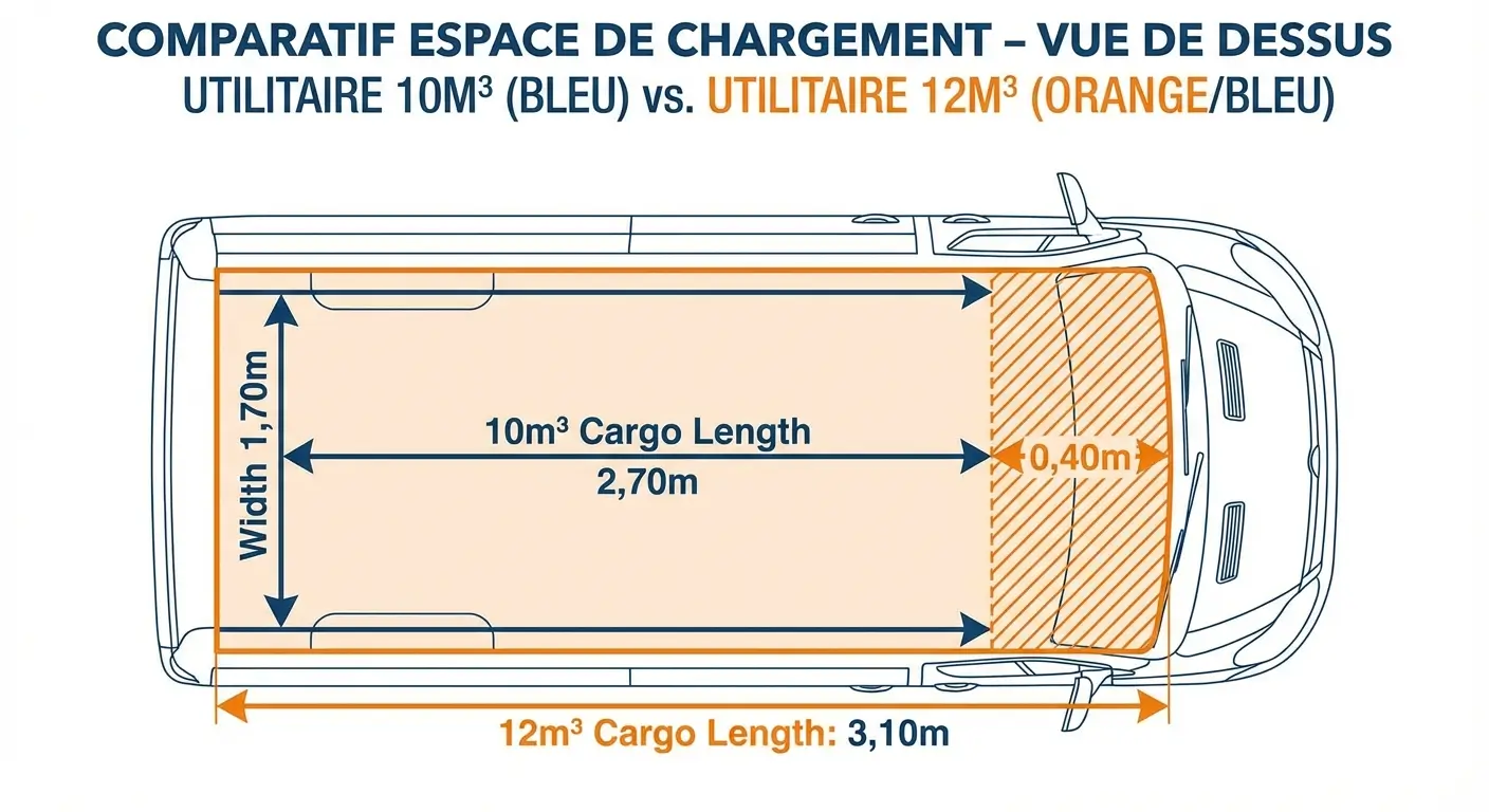 Schéma comparatif des dimensions intérieures 10m³ et 12m³