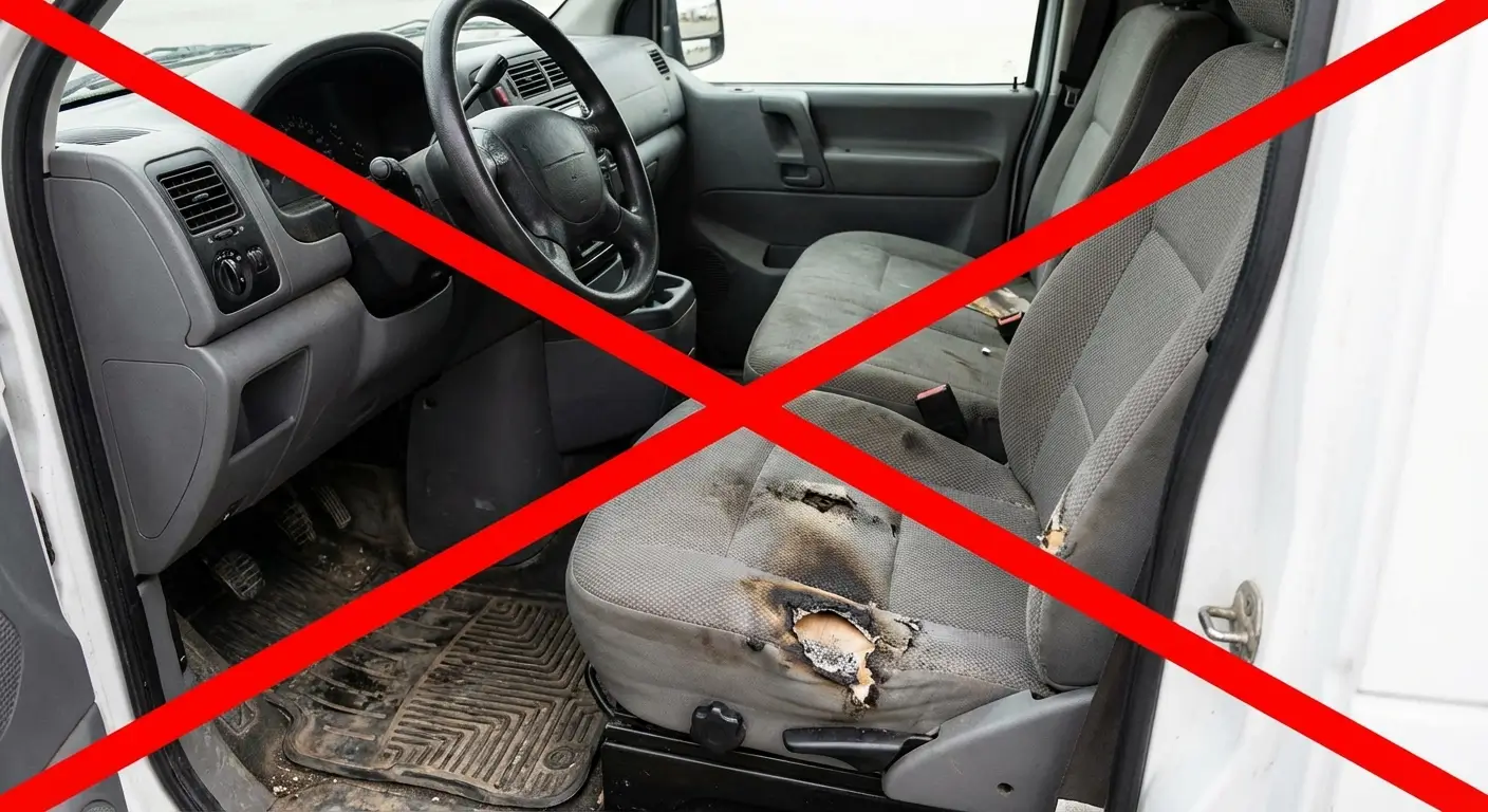 Siège de véhicule brûlé et abîmé barré d’une grande croix rouge signalant une exclusion d’assurance