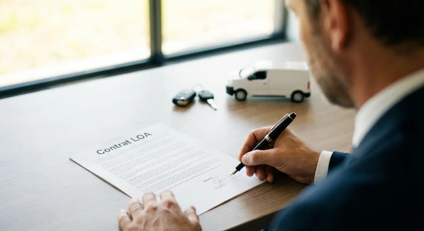 Chef d'entreprise signant un contrat de LOA pour un véhicule utilitaire