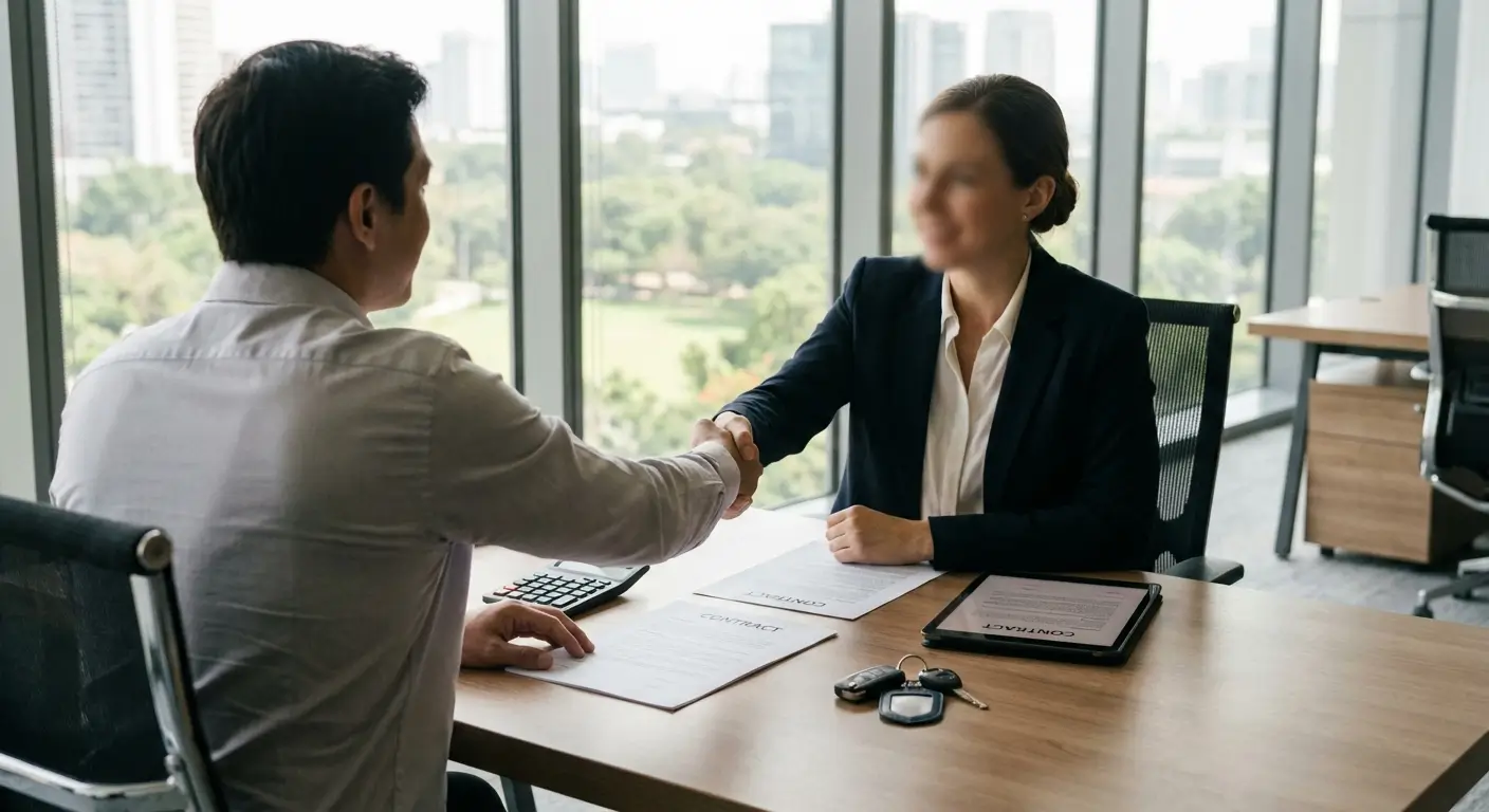 Gérant d'entreprise signant contrat de location avec conseiller commercial, documents et clés sur table