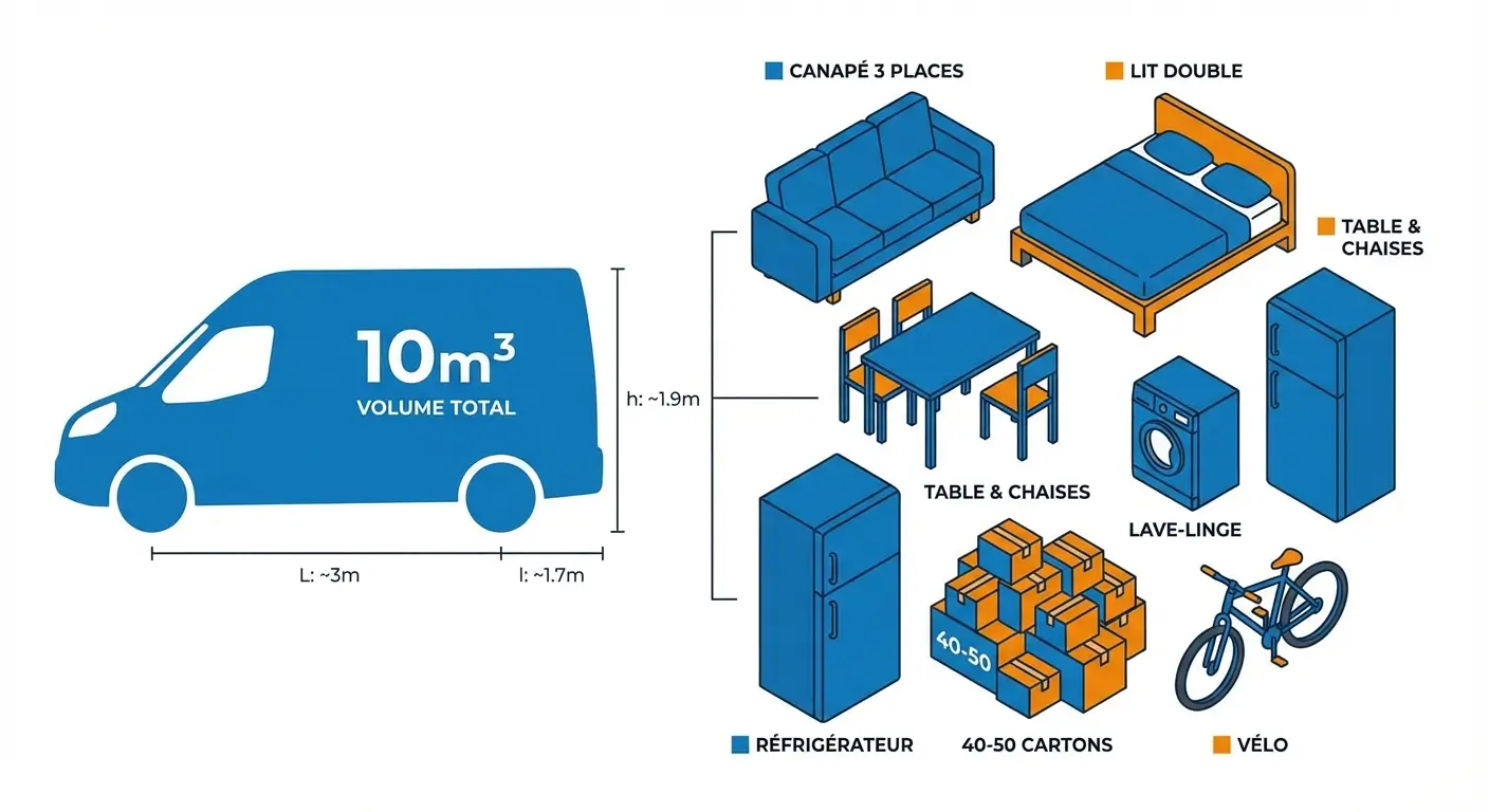 utilitaire 10m³ vu de profil, avec à côté une représentation éclatée des objets qu'il peut contenir