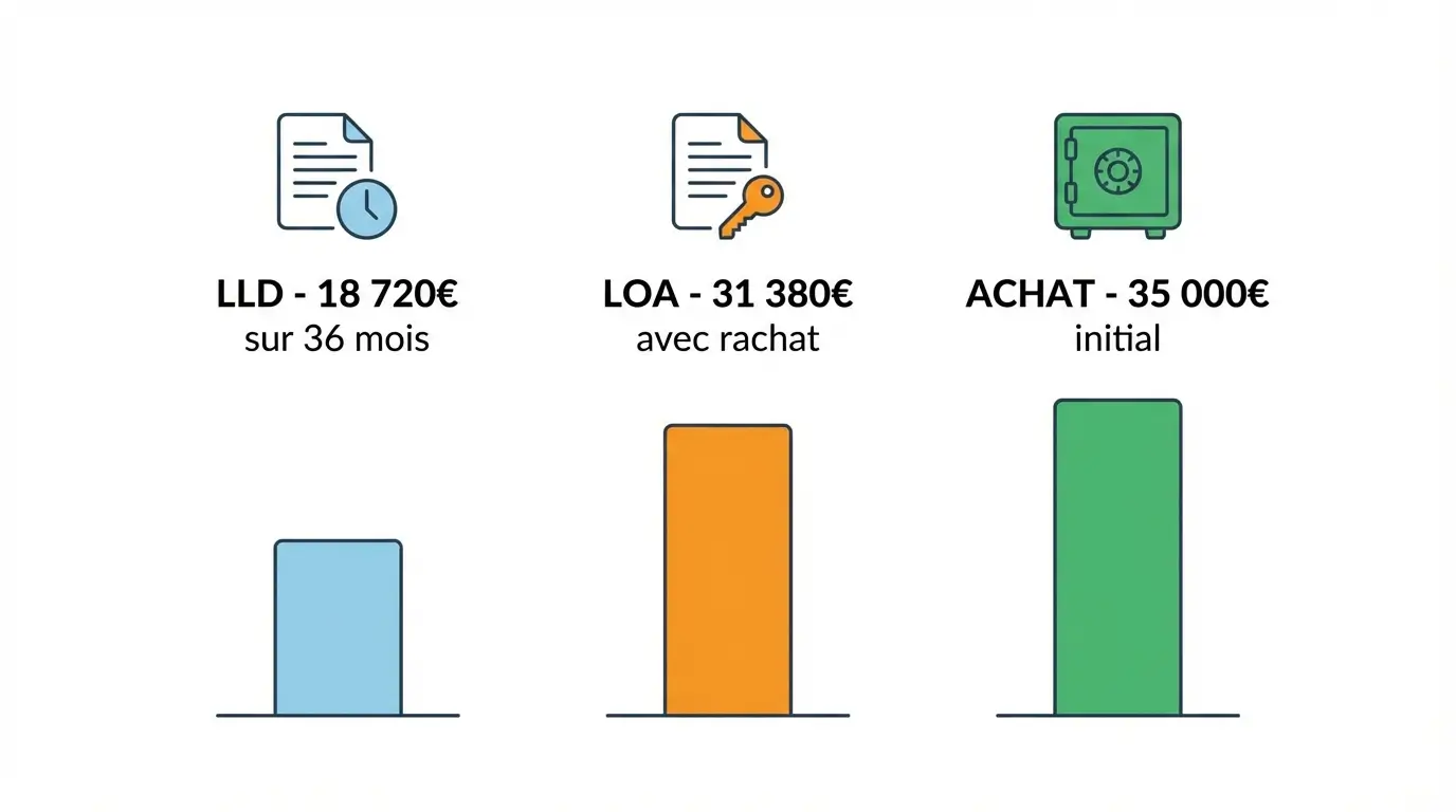 Tableau synthétique comparant LLD, LOA et achat pour un véhicule utilitaire