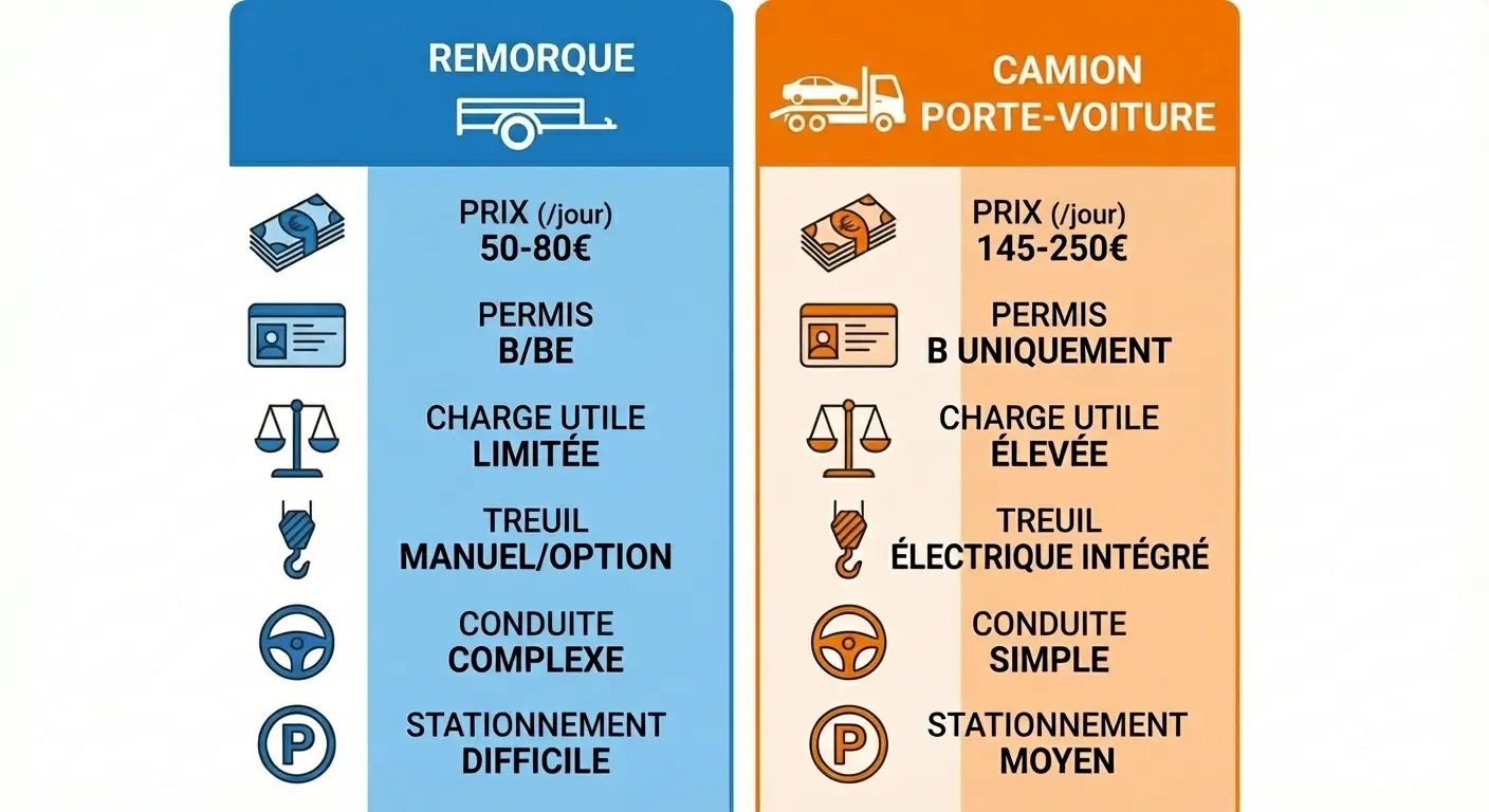 Tableau comparatif remorque vs camion porte-voiture