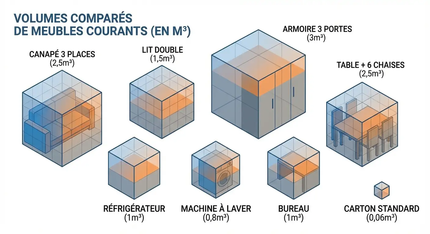 Infographie vectorielle moderne montrant une comparaison visuelle des volumes de meubles courants pour déménagement