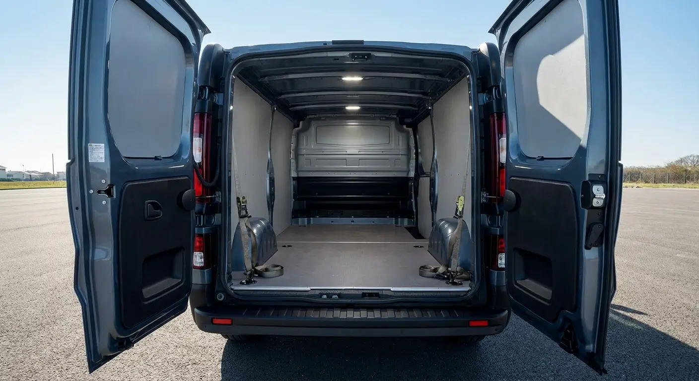 Espace de chargement du Renault Trafic vu de l'arrière avec portes ouvertes