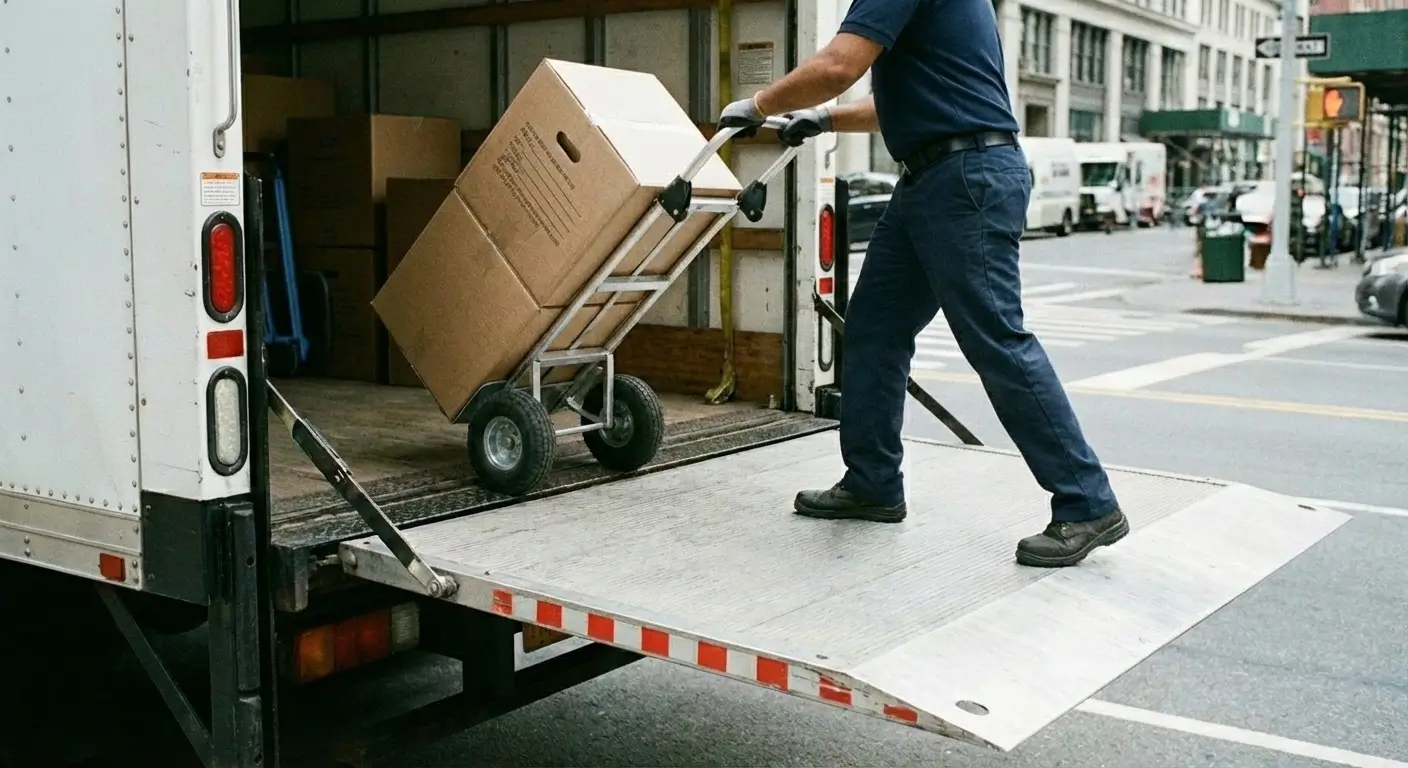 Transfert sécurisé d'une charge du hayon élévateur vers la benne du camion