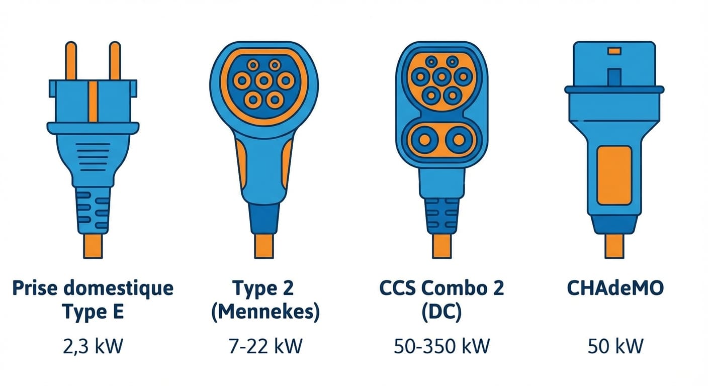 Différents types de prises de recharge pour véhicules électriques