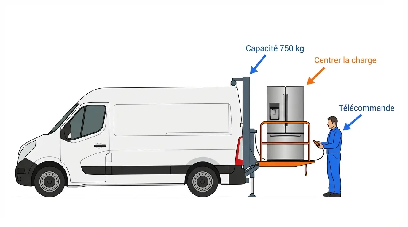 personne utilisant un hayon élévateur pour charger un réfrigérateur en toute sécurité