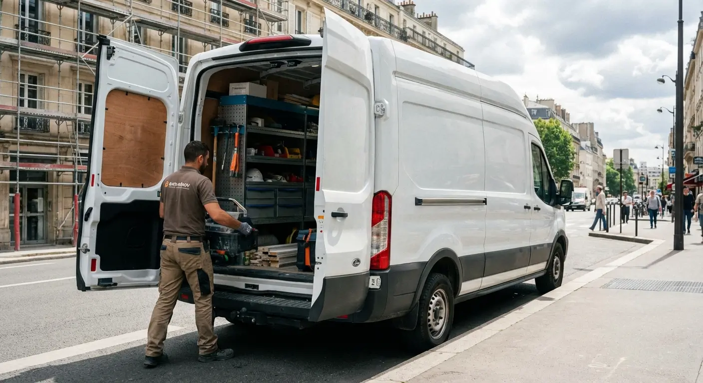 Artisan chargeant son utilitaire 10m³ sur un chantier