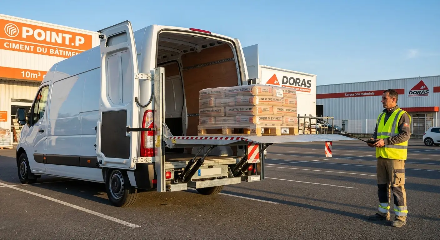 Utilitaire 10m³ avec hayon élévateur chargeant du matériel