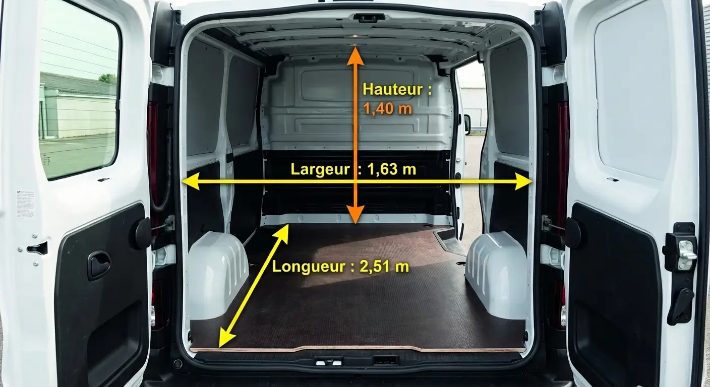Intérieur d'un utilitaire 6m³ avec mesures de longueur, largeur et hauteur