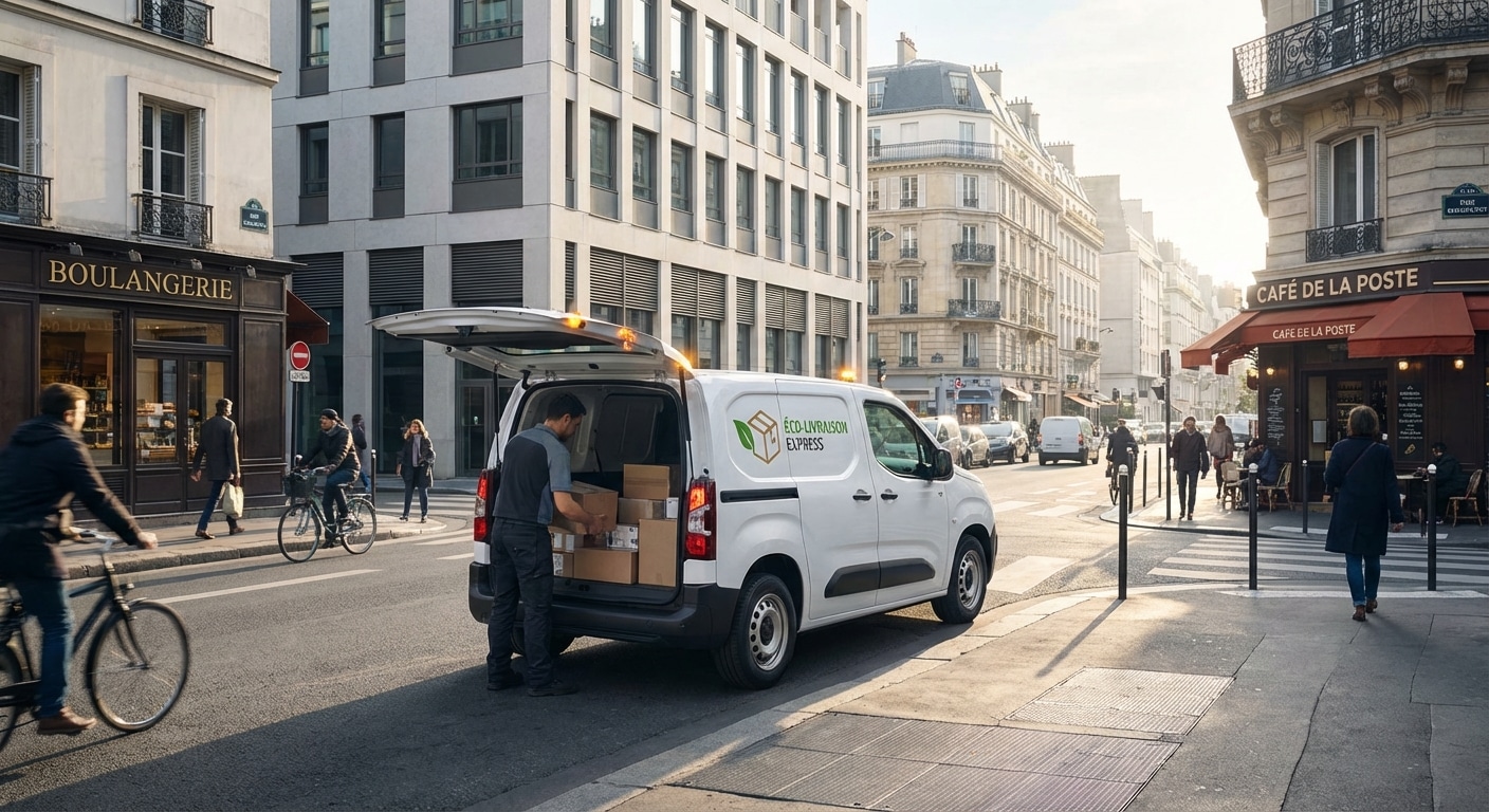 Fourgonnette électrique effectuant une livraison dans une rue urbaine