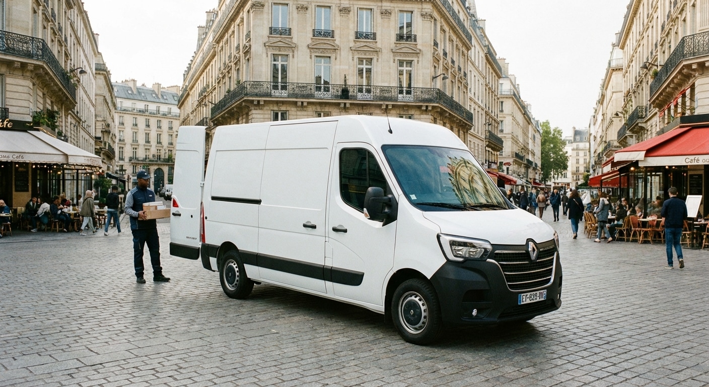 Utilitaire électrique en livraison urbaine dans une rue piétonne