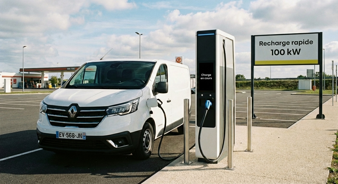 Utilitaire électrique en cours de recharge sur borne rapide