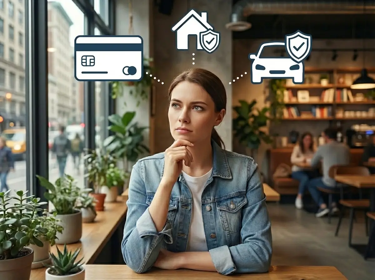 Femme réfléchissant à différentes assurances représentées par des icônes de maison, voiture et carte bancaire
