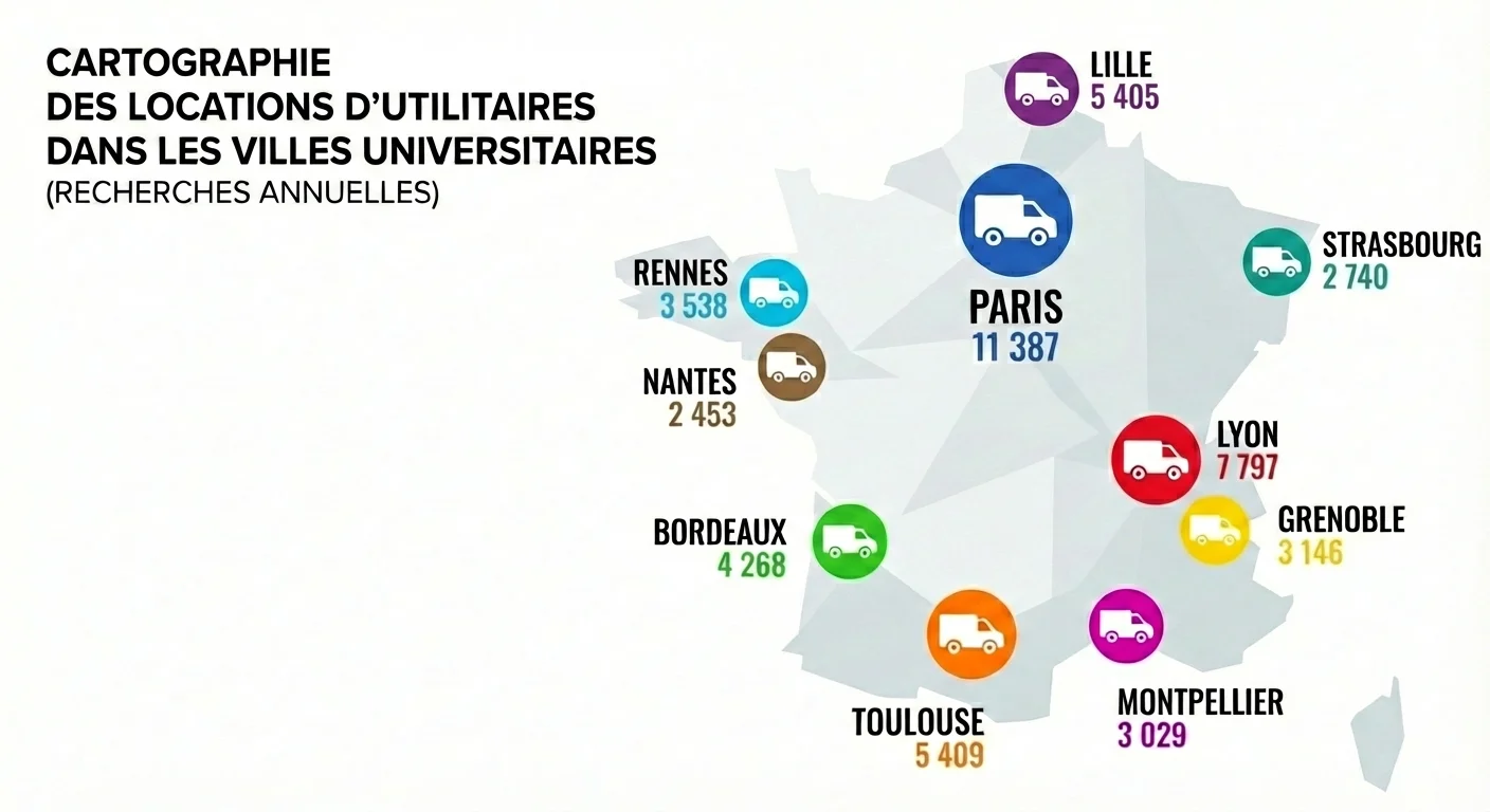 Carte des villes universitaires françaises avec réseau de location d'utilitaires