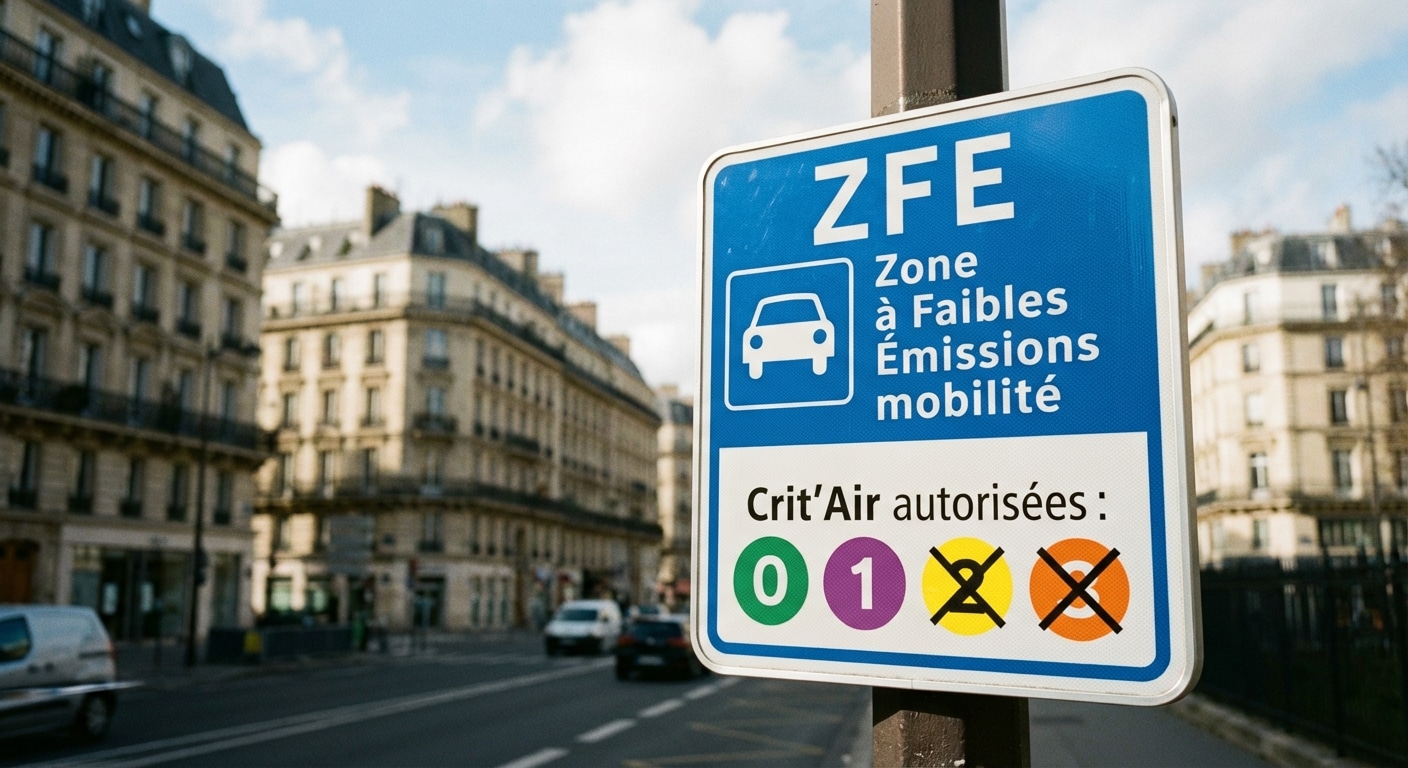 Panneau de signalisation Zone à Faibles Émissions à l'entrée de Paris