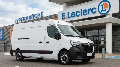 utilitaire blanc type Renault Master stationné devant l'entrée d'un centre commercial E.Leclerc