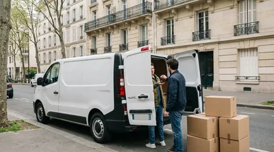 remise des clés d'un fourgon utilitaire entre deux particuliers dans une rue résidentielle