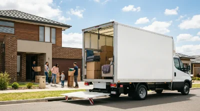 camion fourgon blanc 20m³ (type Iveco Daily) stationné devant une maison